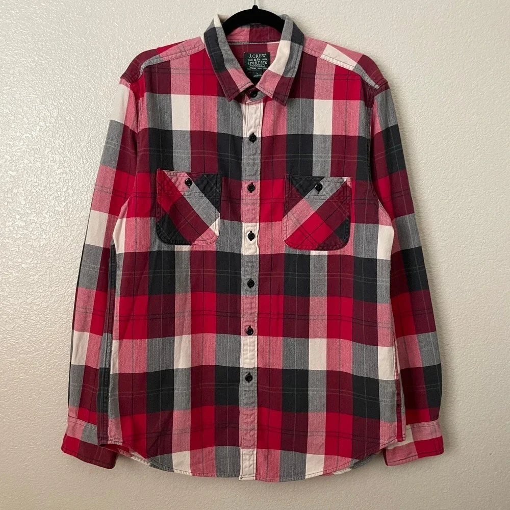 J. Crew Shirt Mens Large Red‎ Black Buffalo Plaid Flannel Long Sleeve Button Up